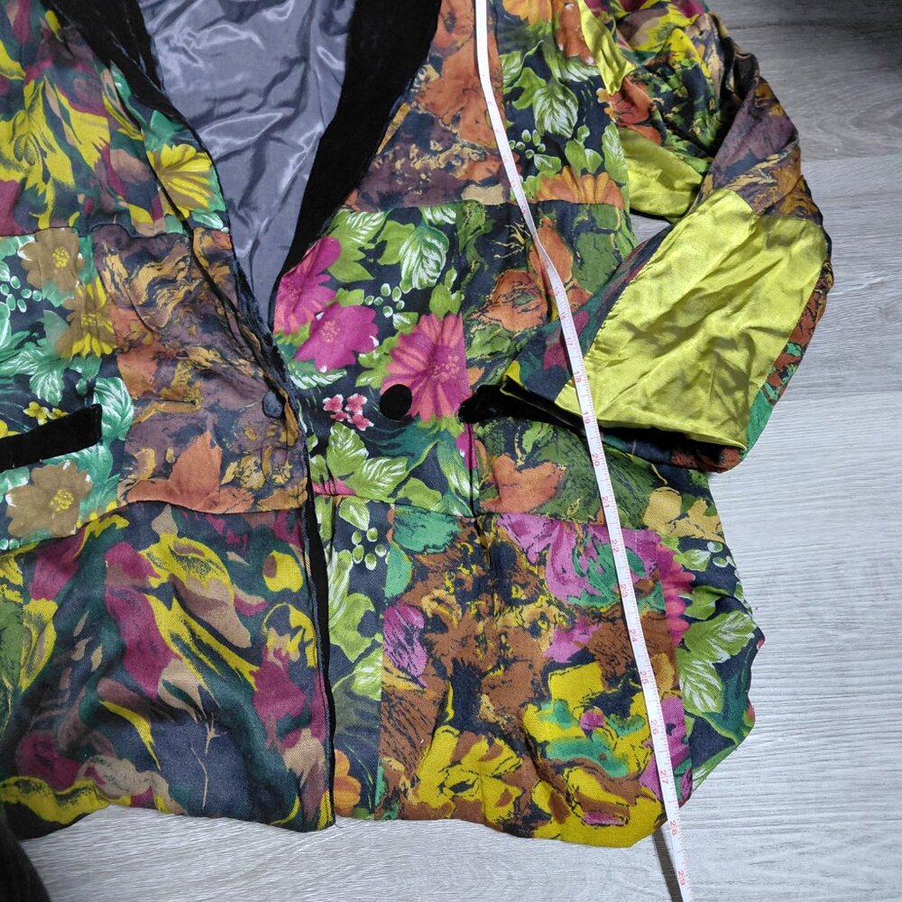 Vintage Multi Color Floral Yellow Velvet Blazer and Black Lapel - Picture 3 of 6